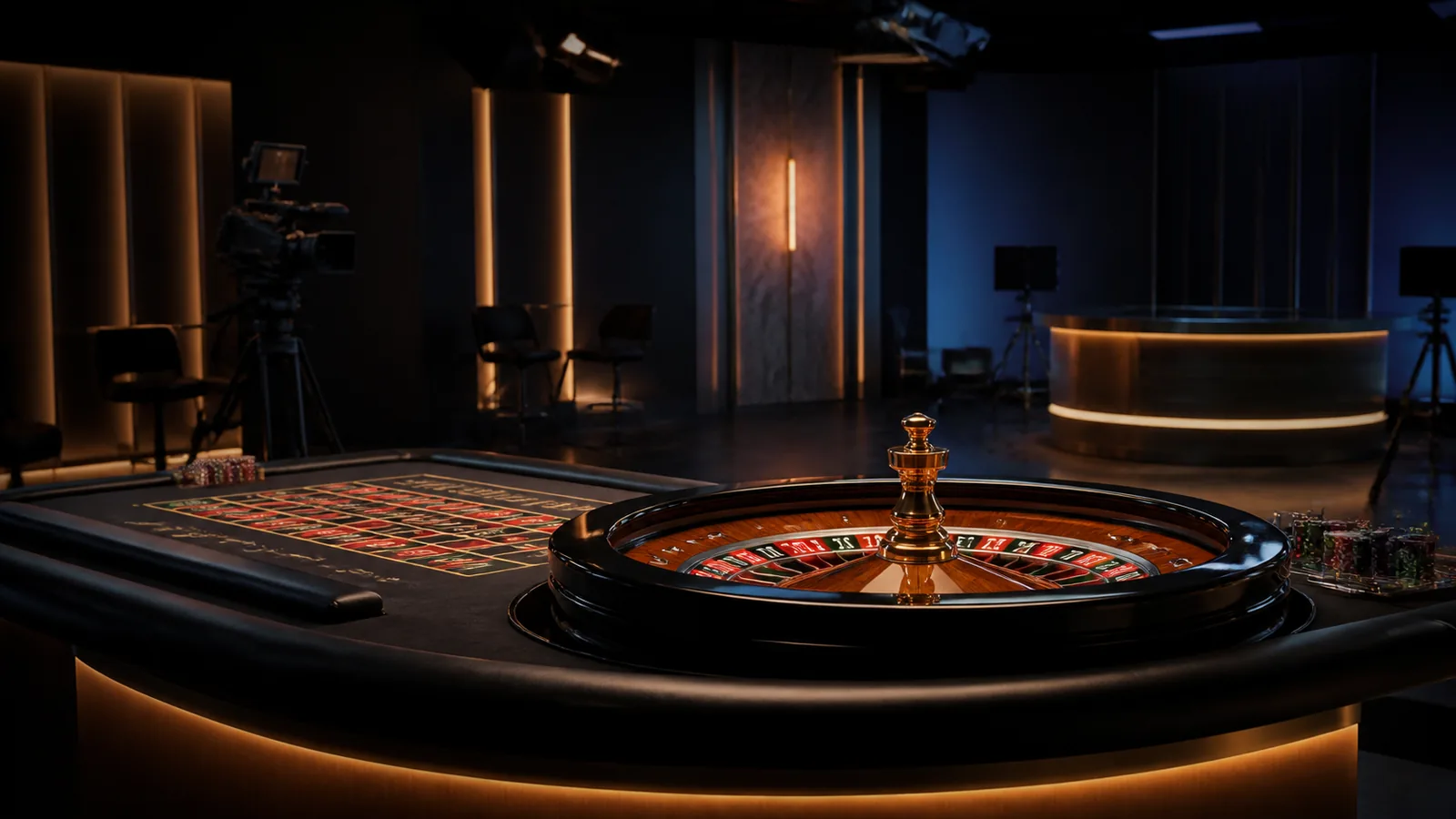 Mesa de cassino ao vivo genérica em estúdio escuro, sem logotipos ou texto
