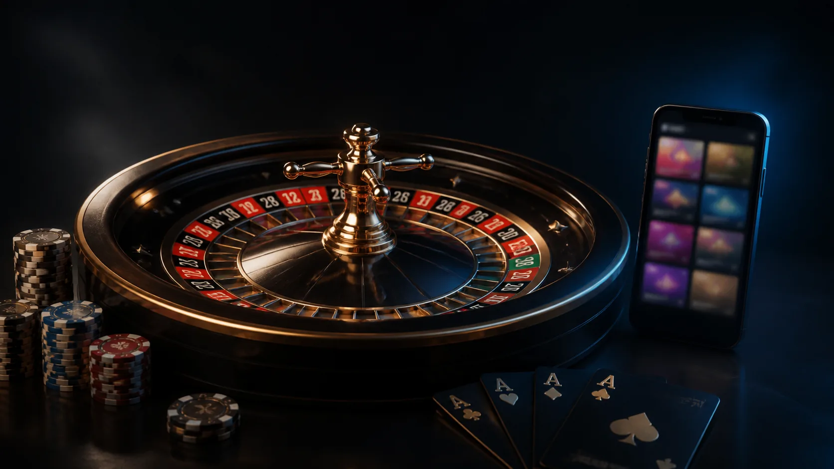 Ambiente editorial de cassino online com roleta, cartas e tela móvel, sem marcas