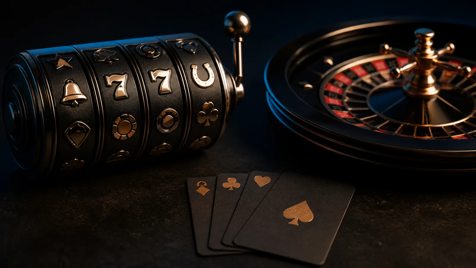 Composição editorial com caça-níqueis genéricos, cartas e mesa de roleta